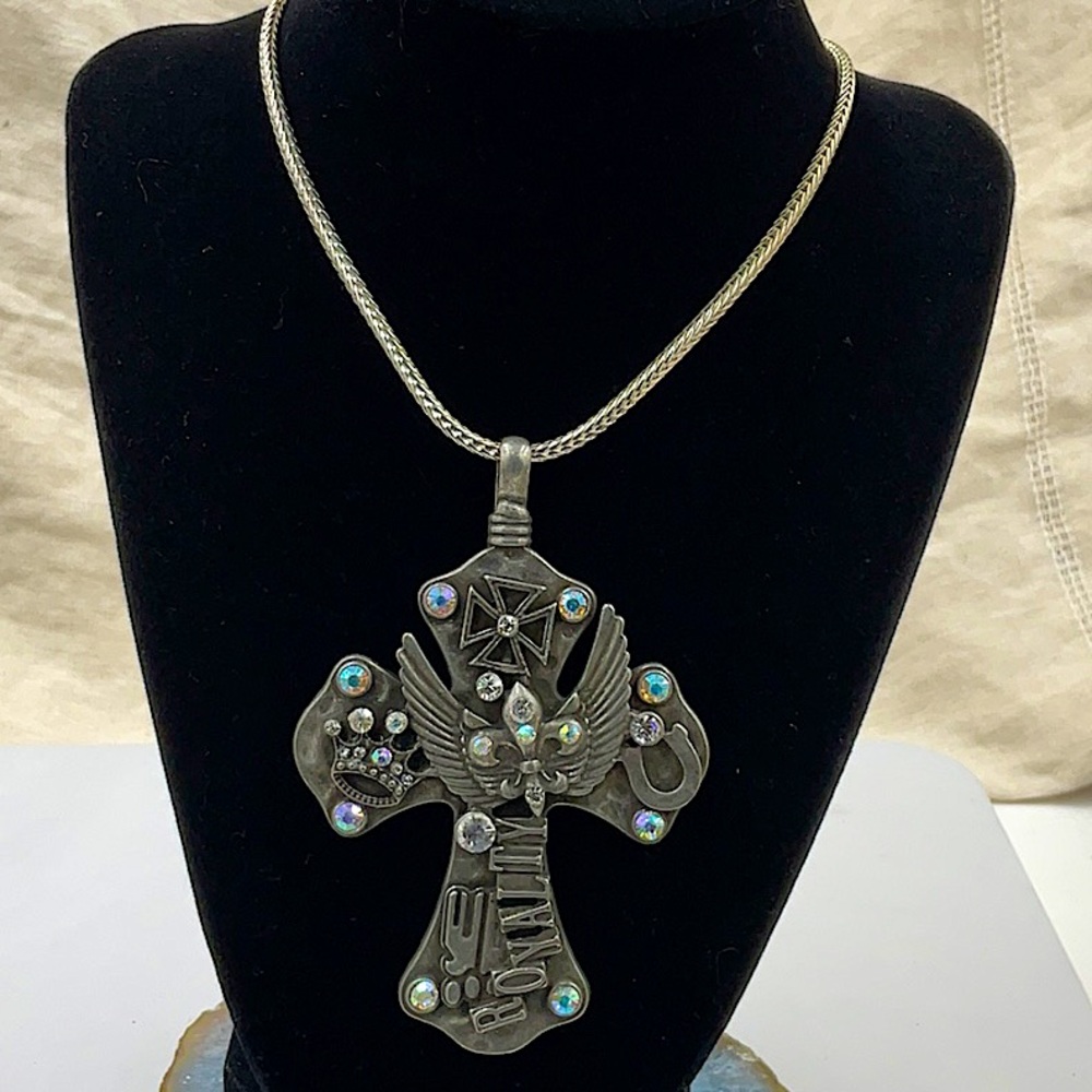Vtg.Elaborate Pewter Cross Pendant (4”Lx3”W) Necklace With Sparkling Crystals